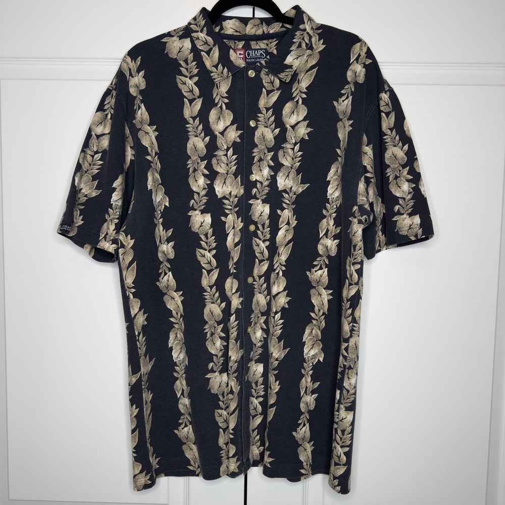 Chaps Ralph‎ Lauren Shirt Mens Large Black Floral Hawaiian Button Up Cotton
